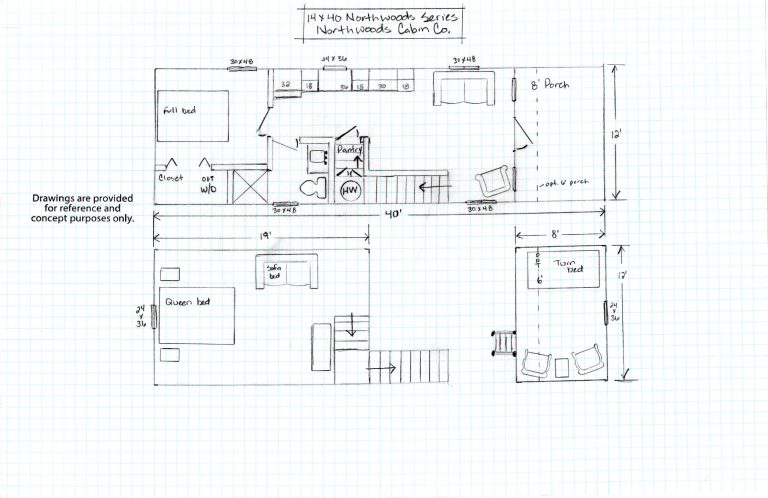 14' x 40' Northwoods cabin floor plans
