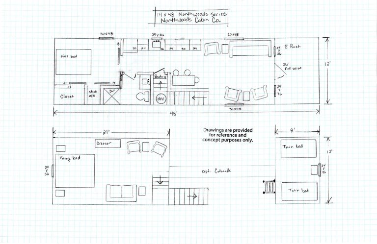 14' x 48' Northwoods cabin floor plans
