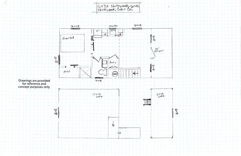 16' x 32' Northwoods cabin floor plans