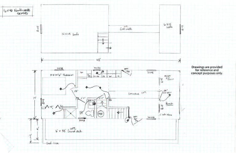 16' x 40' Northwoods cabin floor plans