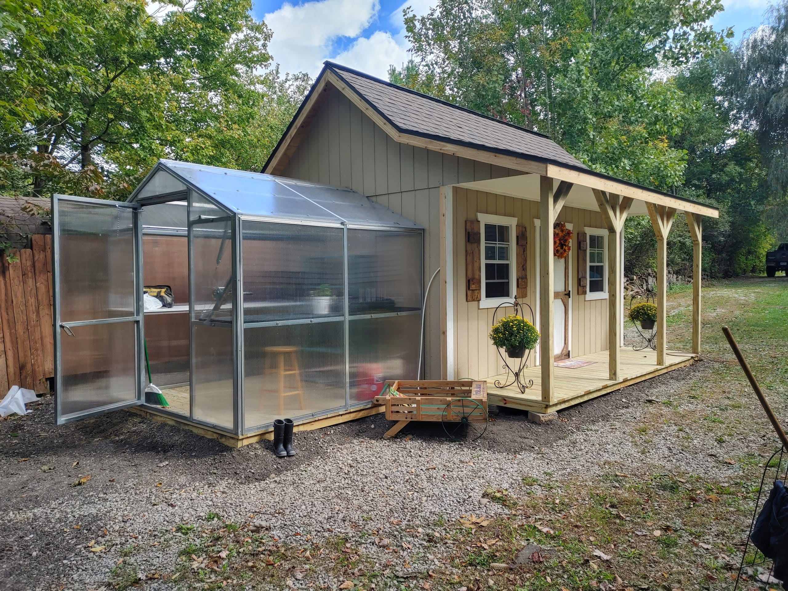 A 10'x16' Cabin Style with attached 8'x8' Greenhouse.