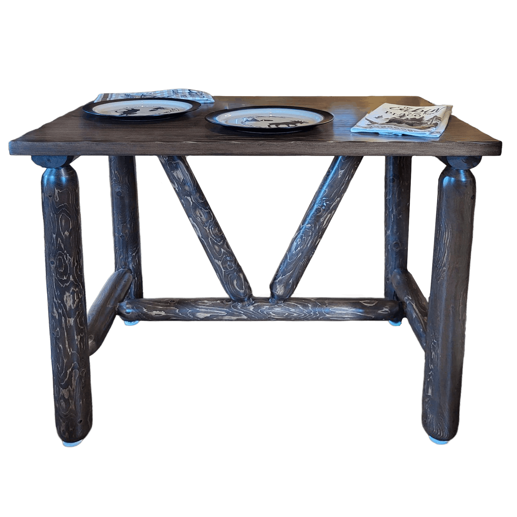 Handcrafted rustic cedar log dining table.